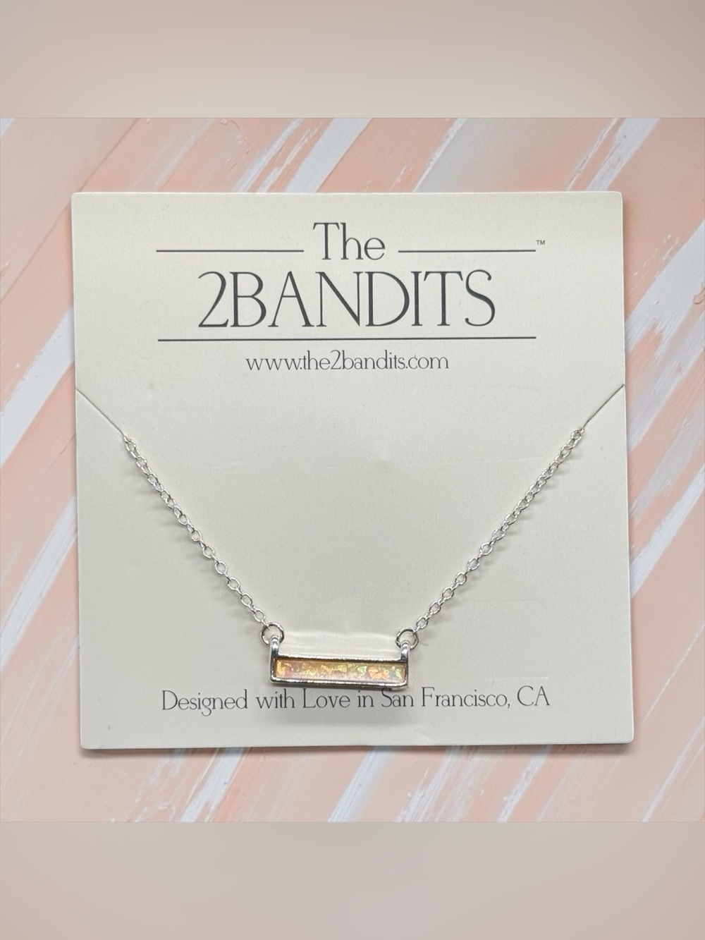 💕The 2BANDITS💕Silver-Tone Bar Necklace with Iridescent Pink Inlay/NIP